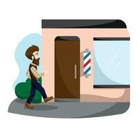 Happy hipster character getting in a barber shop Vector illustration
