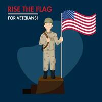 Soldier holding the flag of USA on a podium Happy veterans day Vector illustration