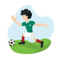 aislado contento fútbol jugador dibujos animados con un pelota vector ilustración