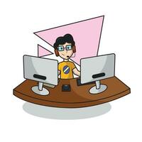 Isolated boy gamer character playing on a computer Vector illustration