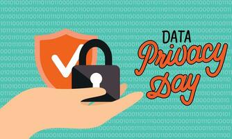 Data Privacy Day banner. Handwriting inscription, Data Privacy Day. Lock and shield on hand. Hand drawn vector art.