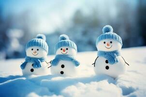 AI generated Knitted snowmen stand in the snow photo