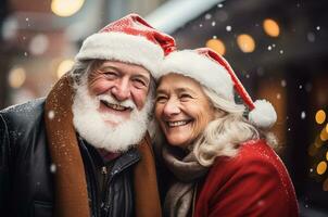 ai generado hermosa negro Rizado mujer en Papa Noel sombrero en contra antecedentes de Navidad árbol foto