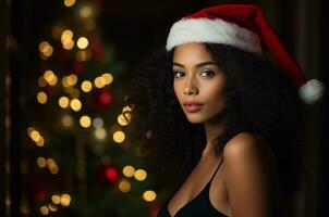 ai generado hermosa negro Rizado mujer en Papa Noel sombrero en contra antecedentes de Navidad árbol foto