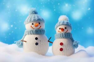 AI generated Knitted snowmen stand in the snow photo