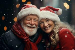 AI generated Beautiful black curly woman in santa hat against background of christmas tree photo