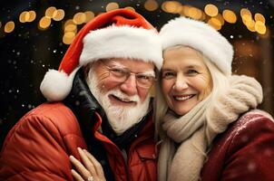 AI generated Beautiful black curly woman in santa hat against background of christmas tree photo