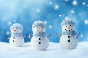 AI generated Knitted snowmen stand in the snow photo
