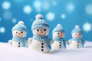 AI generated Knitted snowmen stand in the snow photo