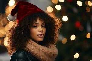 ai generado hermosa negro Rizado mujer en Papa Noel sombrero en contra antecedentes de Navidad árbol foto