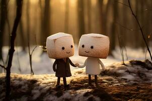 AI generated Two marshmallow lovers walking in the snow in winter photo