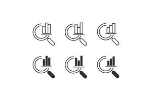 Magnifying glass and graph icon set. Modeling data vector