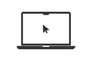 Click in laptop icon. Computer and mouse pointer illustration symbol. Sign display with clicking mouse vector