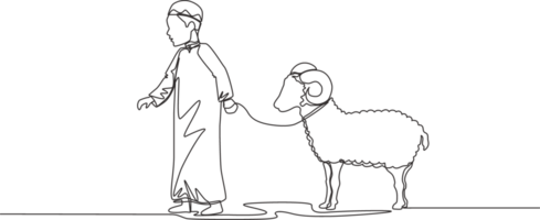 One single line drawing of young muslim boy holding sheep to masjid. Muslim holiday the sacrifice a goat or sheep, Eid al Adha greeting card concept continuous line draw design illustration png