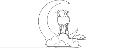 One continuous line drawing of sheep standing on moon at cloudy sky. Muslim holiday the sacrifice an animal to God, Eid ul Adha greeting card concept single line draw design illustration png