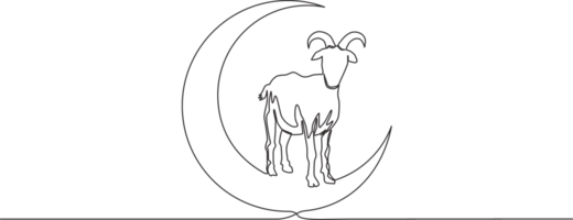 un continu ligne dessin de mouton permanent sur lune. musulman vacances le sacrifice une mouton, eid Al adha salutation carte concept Célibataire ligne dessiner conception illustration png