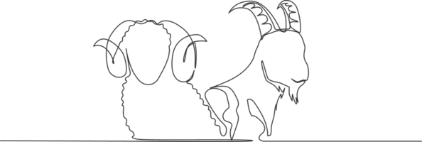 One single line drawing of goat and sheep head. Muslim holiday the sacrifice animal such as goat, camel, sheep and cow, Eid al Adha greeting card concept continuous line draw design illustration png