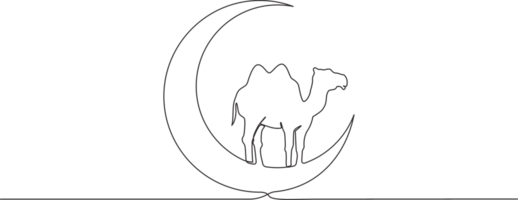 One continuous line drawing of camel animal standing on moon. Muslim holiday the sacrifice a camel, Eid al Adha greeting card concept single line draw design illustration png