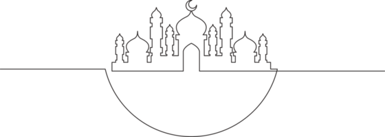 un Célibataire ligne dessin de masjid ornement avec moitié rond cercle. musulman vacances, eid Al fitr et Ramadan kareem salutation carte concept continu ligne dessiner conception illustration png