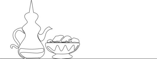 One single line drawing of teapot usually containing Zam zam water and dates fruit on a plate. Food and drink to eat after fasting concept continuous line draw design illustration png