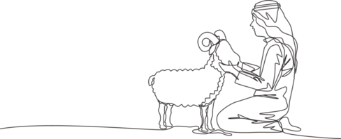 1 solteiro linha desenhando do jovem muçulmano segurando uma ovelha islâmico feriado a sacrifício uma bode ou ovelha, eid al adha cumprimento cartão conceito contínuo linha desenhar Projeto ilustração png