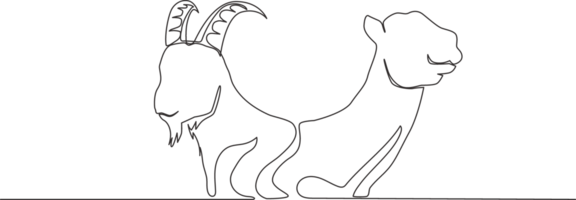 Single continuous line drawing of goat and camel head. Muslim holiday the sacrifice an animal such as goat, camel, sheep and cow, Eid al Adha greeting card concept one line draw design illustration png