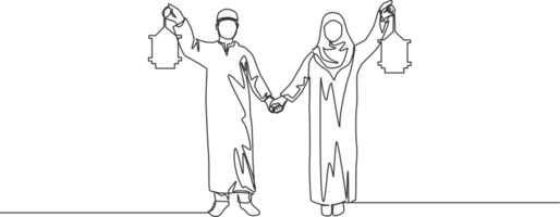 Eid Mubarak poster, banner and greeting card design Single continuous line drawing of young Islamic muslim muslimah couple holding hands and lantern lamp. Eid Al Fitr one line draw illustration png