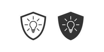 Lightbulb and shield icon. Private patent illustration symbol. Sign technology vector