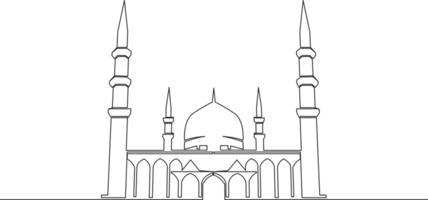 ett kontinuerlig linje teckning av islamic historisk landmärke masjid eller moskén. de gammal byggnad den där Arbetar som en plats av dyrkan för muslim person begrepp enda linje dra design illustration png