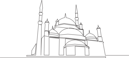 One single line drawing of Islamic historical dome landmark masjid or mosque. Holy place to prayer for Islam people concept continuous line draw design illustration png