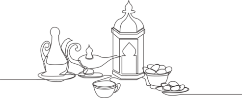 Ramadan Kareem greeting card, poster and banner design. One single line drawing of Islamic ornament lantern, glass, dates fruit, food, drink and teapot. Continuous line draw illustration png