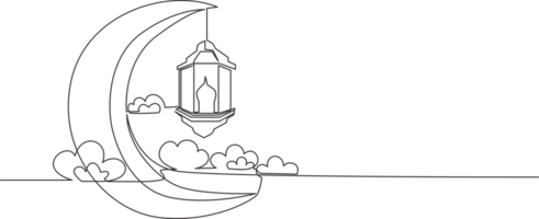 Ramadan kareem Gruß Karte, Poster und Banner Design. einer kontinuierlich Linie Zeichnung von islamisch Ornament Laterne Lampe hängend auf Mond beim wolkig Himmel. Single Linie zeichnen Illustration png