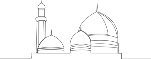 Single continuous line drawing of historical dome landmark mosque or masjid. Historical holy construction use as a place of praying for Islamic person concept one line draw design illustration png