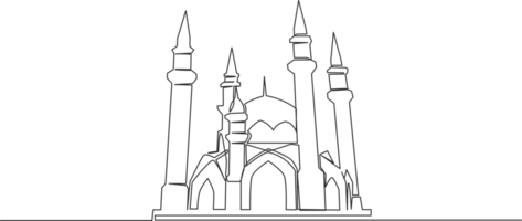 uno singolo linea disegno di storico cupola punto di riferimento moschea o maschera. santo posto per preghiera per Islam persone concetto continuo linea disegnare design illustrazione png