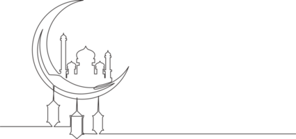 Ramadán kareem saludo tarjeta, póster y bandera diseño. uno continuo línea dibujo de islámico ornamento masjid y linterna lámpara colgando en Luna. soltero línea dibujar ilustración png