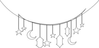 Ramadan kareem Gruß Karte, Poster und Banner Design. einer Single Linie Zeichnung von islamisch Ornament mit Monde, Sterne, Laternen und Lampen. kontinuierlich Linie zeichnen Illustration png