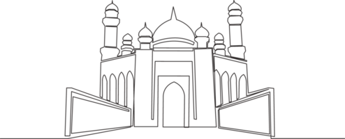 One single line drawing of Islamic historical dome landmark masjid or mosque. Holy place to prayer for Islam people concept continuous line draw design illustration png