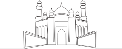 ett enda linje teckning av islamic historisk kupol landmärke masjid eller moskén. helig plats till bön för islam människor begrepp kontinuerlig linje dra design illustration png