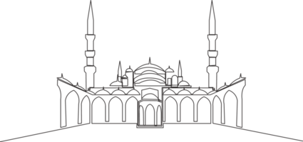 One continuous line drawing of Islamic historical landmark masjid or mosque. The ancient building that works as a place of worship for muslim person concept single line draw design illustration png