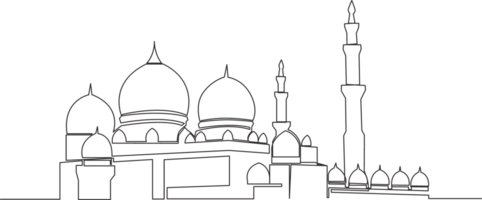 een single lijn tekening van Islamitisch historisch koepel mijlpaal masjid of moskee. heilig plaats naar gebed voor Islam mensen concept doorlopend lijn trek ontwerp illustratie png