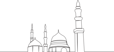 One continuous line drawing of historical landmark dome mosque or Masjid An Nabawi. Ancient building works as a place of worship for muslim person concept single line draw design illustration png