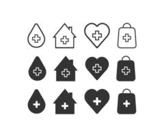 medicina conjunto de iconos gota, hospital, corazón y paquete símbolo. firmar clínica vector. vector