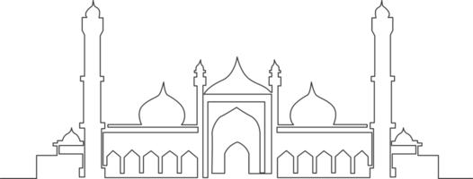 Single continuous line drawing of Islamic historical landmark masjid or mosque. Historical construction that use as a place of pray for Islamic person concept one line draw design illustration png