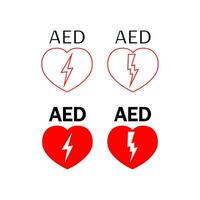 AED icon set. Red heart with sign electricity symbol. Sign automated external defibrillator vector flat.