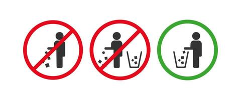 Garbage disposal signs icon set. Prohibiting the scattering of garbage and throwing garbage into the bin symbol. Sign trash vector flat.