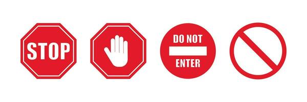 Stop red sign icon set. with white hand, do not enter, warning stop sign symbol. Sign road signal vector. vector