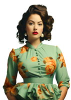 AI generated Portrait Caucasian fat woman curly hair in green costume.  Vintage retro fashionable and fantasy disco style party. Ai Generated png