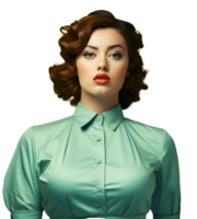 ai generado retrato caucásico grasa mujer Rizado pelo en verde traje. Clásico retro de moda y fantasía disco estilo fiesta. ai generado png