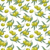 Background with olives. Seamless pattern, green olives and twigs with leaves on a white background. Print, vector