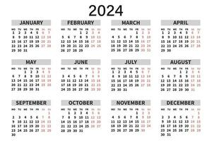 Classic horizontal calendar 2024 in English. Days, weeks and months. Print, vector